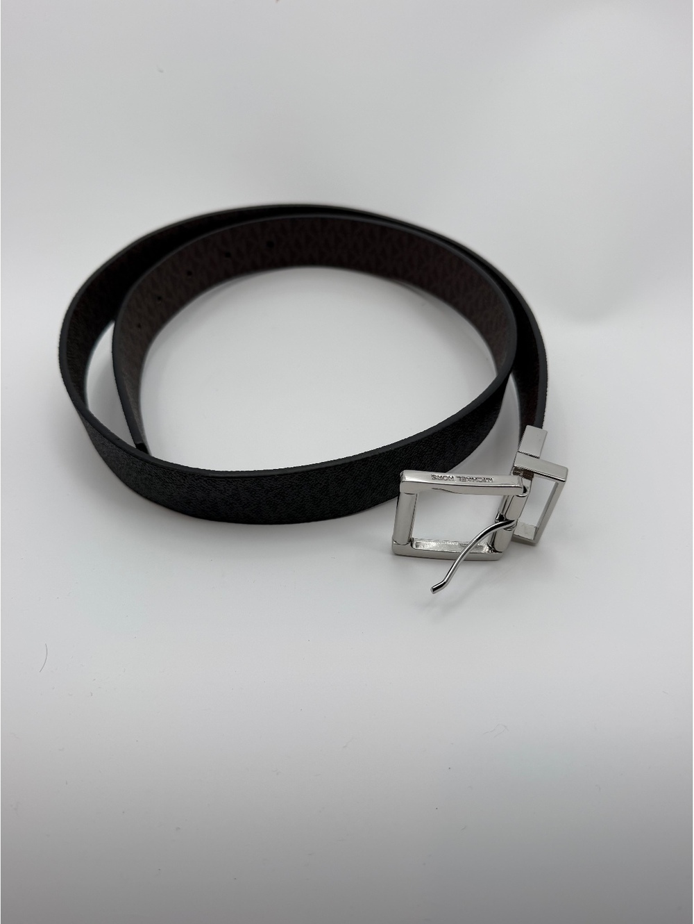 Michael Kors brown MK logo belt with silver buckle